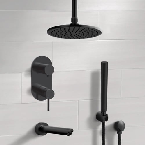 Black Tub and Shower Faucet Set with Handheld and Ceiling Shower Head Black Tub and Shower Faucet Set with Handheld and Ceiling Shower Head Remer TSH68